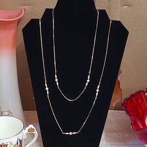 Dainty Coral Pink Pearl Gold Chain Necklace Set